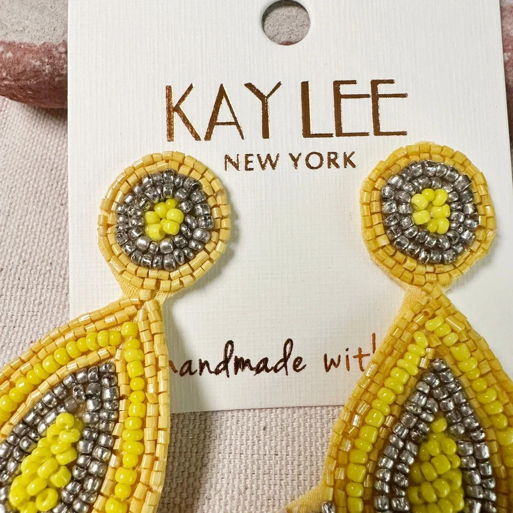 NWT Kay Lee Seed Beaded Southwestern Boho Yellow‎ Earrings Handmade